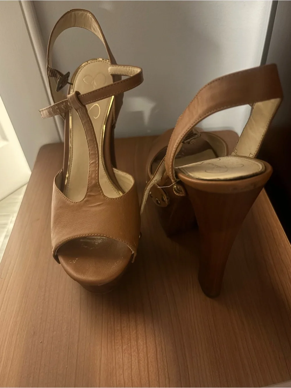 Jessica Simpson Tan Leather T-Strap Platform Heels